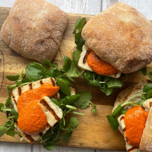 Grilled Halloumi Sandwiches with Romesco Sauce