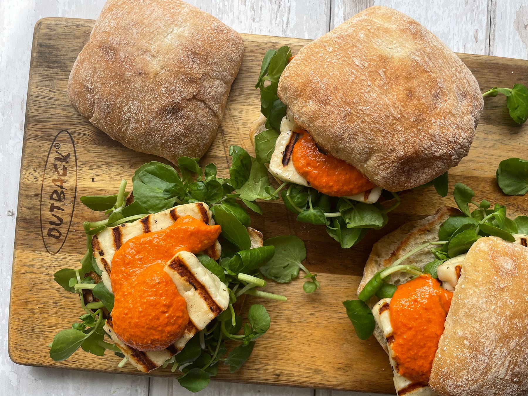 Grilled Halloumi Sandwiches with Romesco Sauce