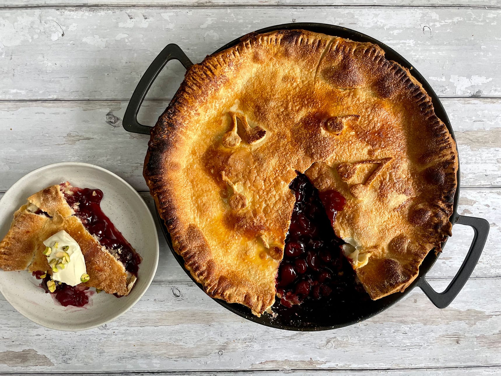 Skillet Cherry Pie with Clotted Cream and Pistachios