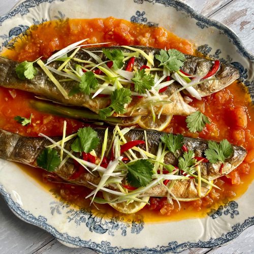 Herb-Stuffed Seabass with a Fresh Tomato and Ginger Sauce