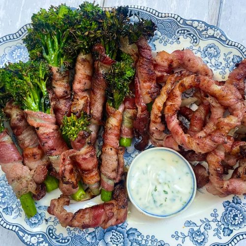 Bacon Wrapped Onion Rings and Tenderstem Broccoli with Ranch Dip