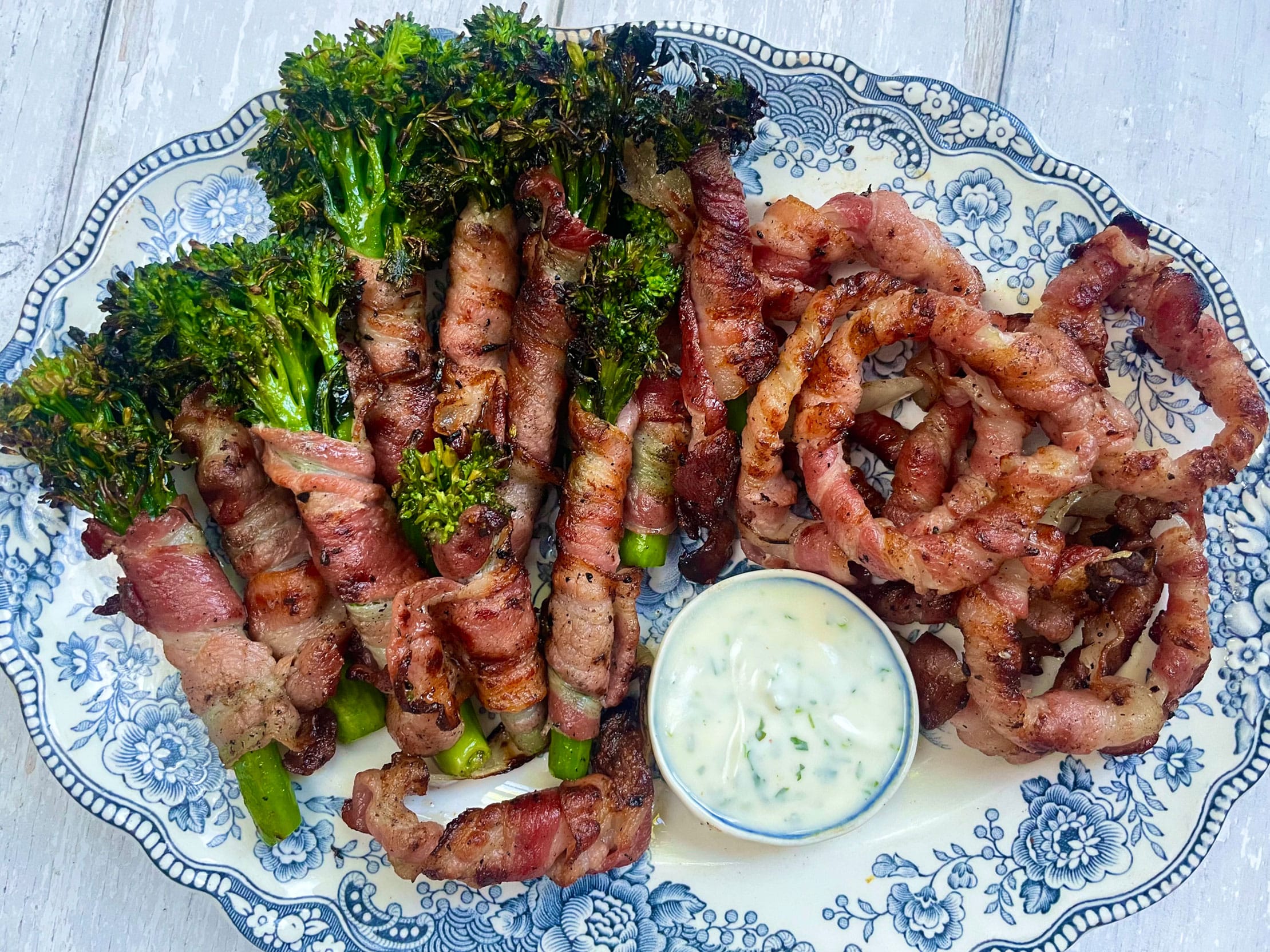 Bacon Wrapped Onion Rings and Tenderstem Broccoli with Ranch Dip