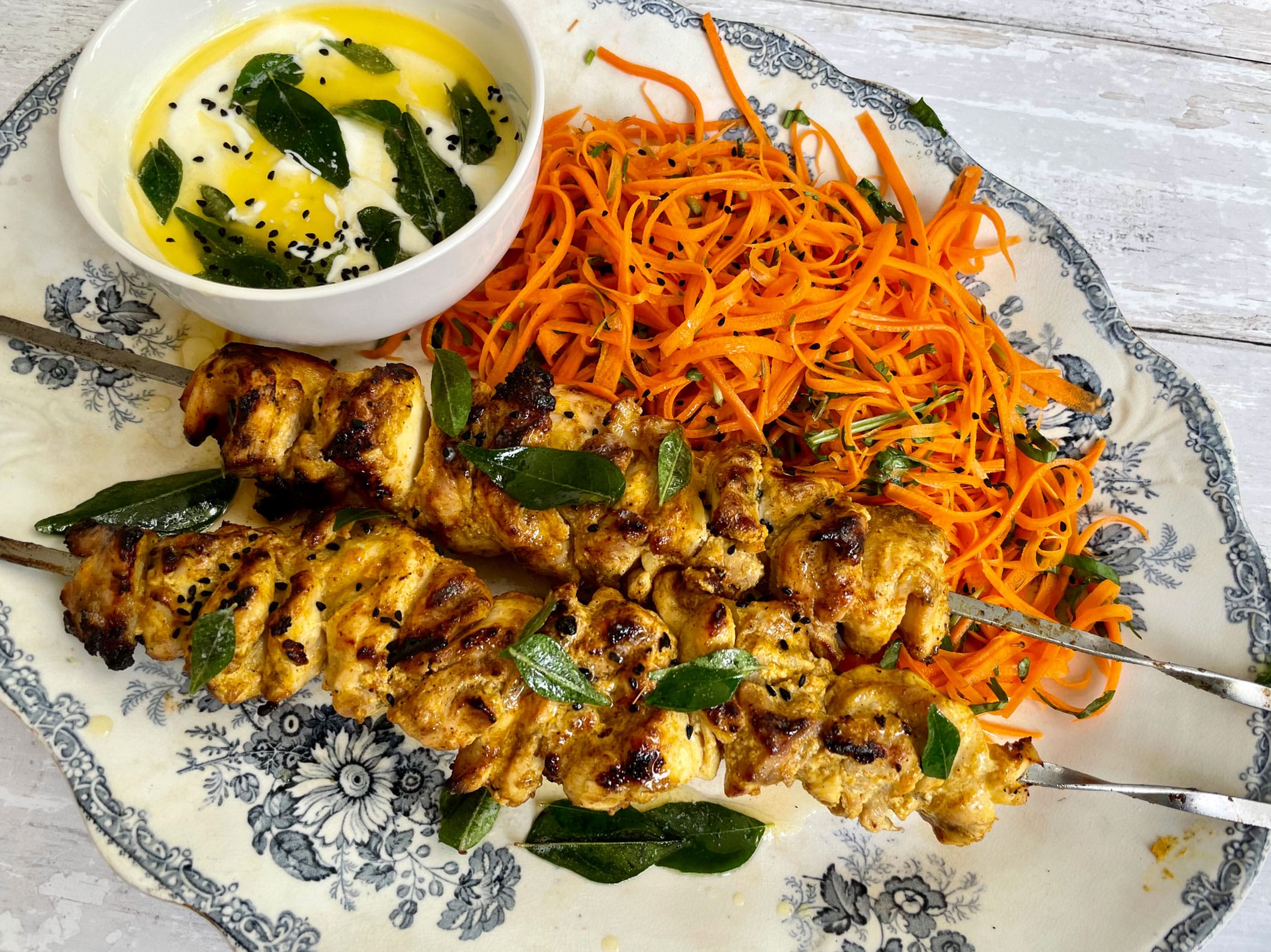 Chicken Tikka with a Yoghurt and Curry Leaf butter, and Carrot and Coriander Salad