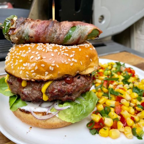 Jalapeno-stuffed Cheeseburgers with Sweetcorn Salad