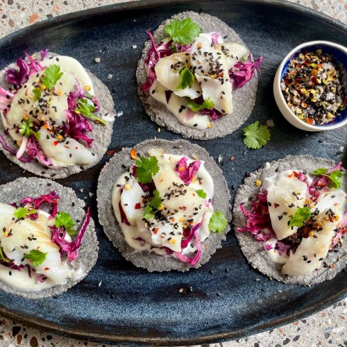 Seared Cod Tacos with Wasabi Cream and Chilli, Lime and Sesame Salt