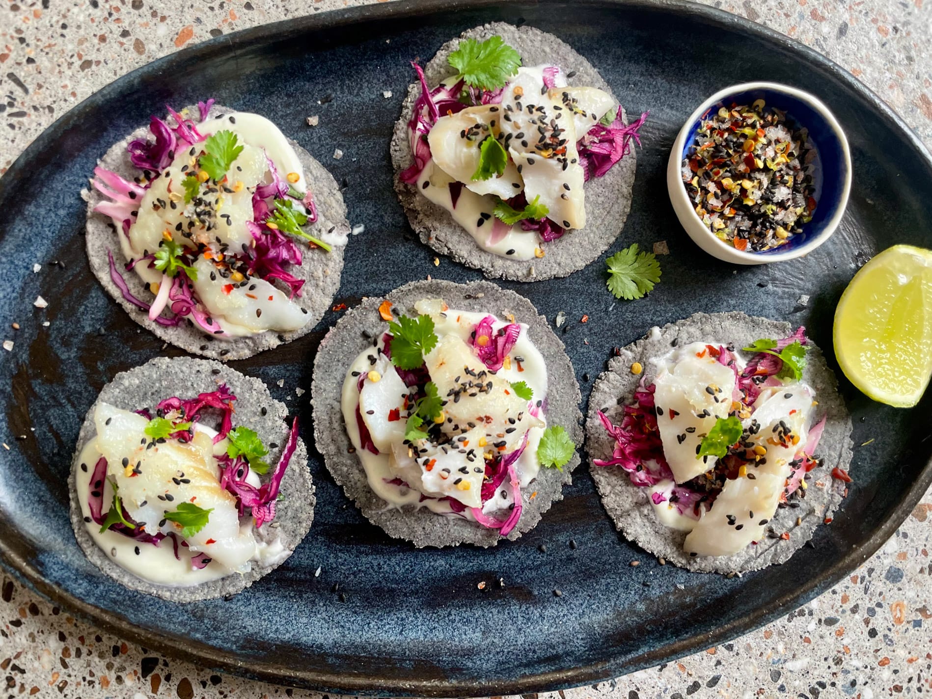 Seared Cod Tacos with Wasabi Cream and Chilli, Lime and Sesame Salt