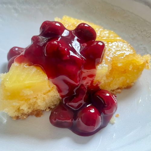 Pineapple Upside Down Cake with Cherry Sauce