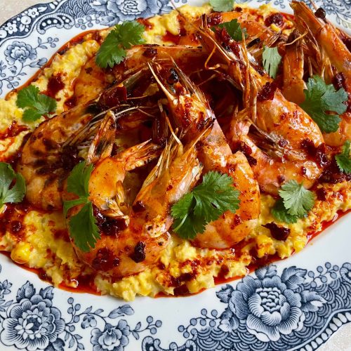 Creamed Corn with Harissa Prawns