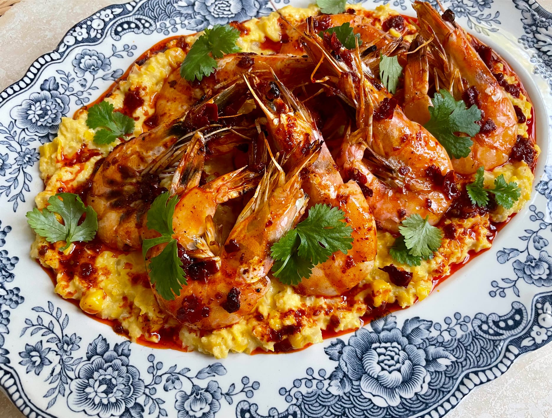 Creamed Corn with Harissa Prawns