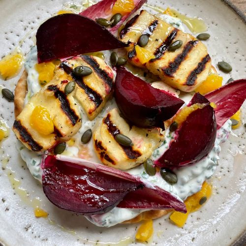 BBQ Beetroot and Halloumi Flatbreads with Herby Yoghurt and Toasted Seeds