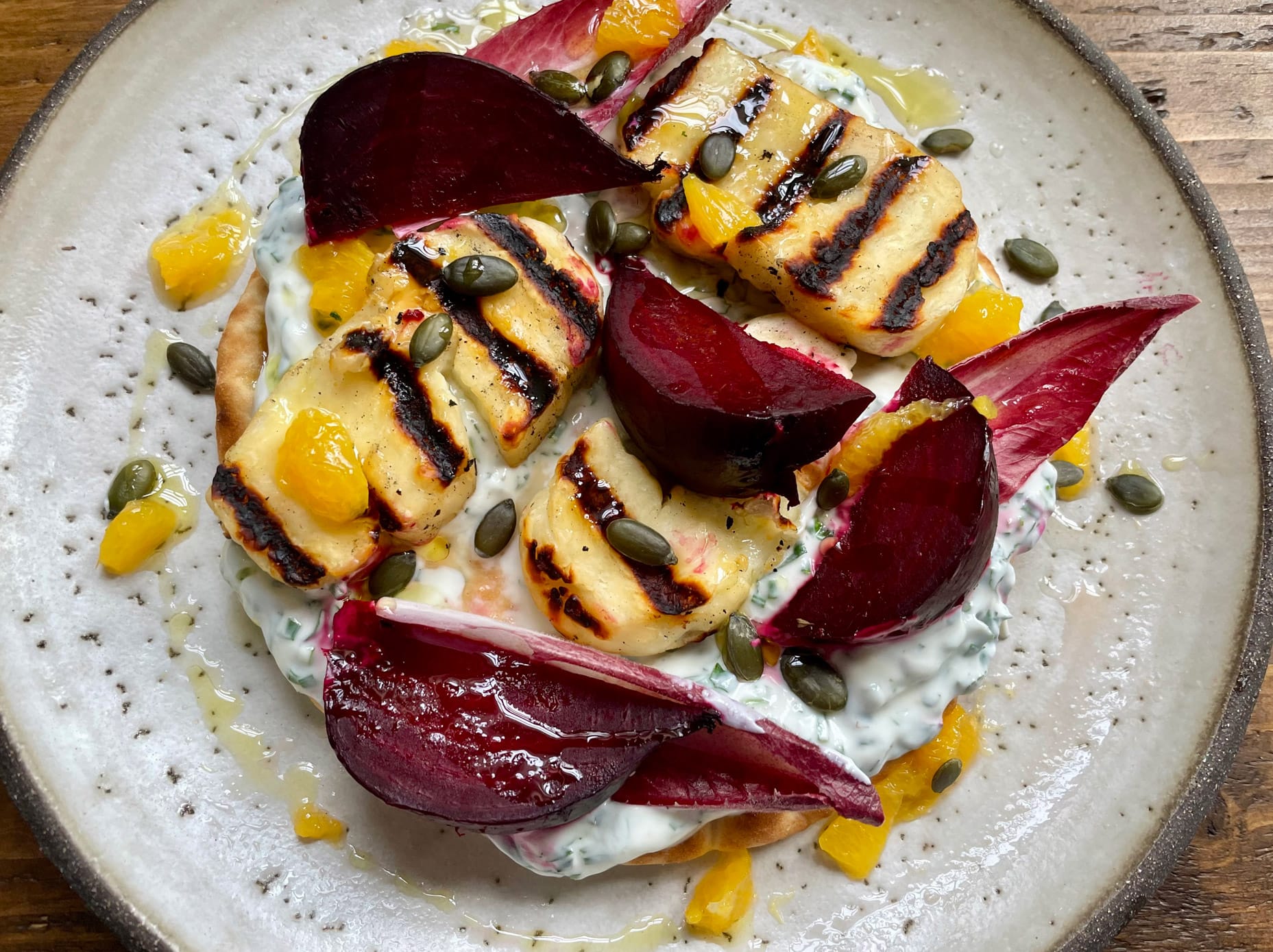 BBQ Beetroot and Halloumi Flatbreads with Herby Yoghurt and Toasted Seeds