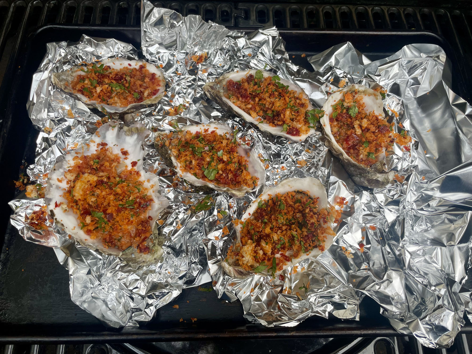 Grilled Oysters with an 'Nduja, Parsley and Parmesan Crumb