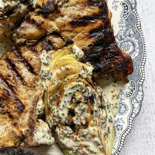 Cider Brined Pork Chops with Chargrilled Cabbage and Mustard Dressing