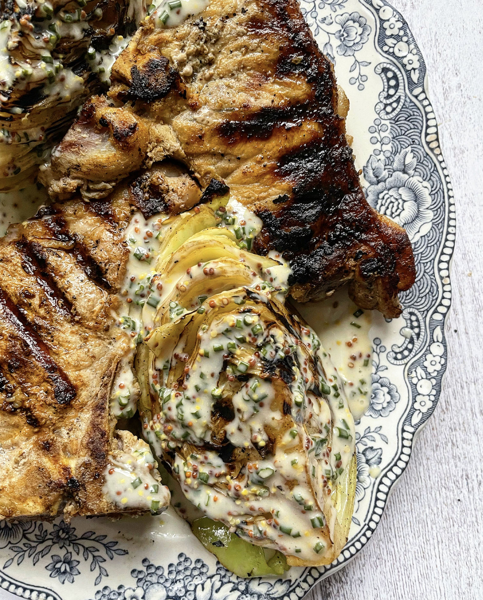 Cider Brined Pork Chops with Chargrilled Cabbage and Mustard Dressing