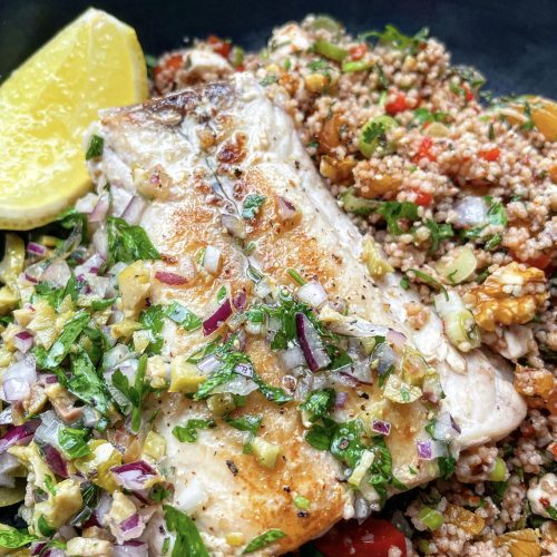 BBQ Red Snapper with Grilled Olive Salsa and Couscous Salad