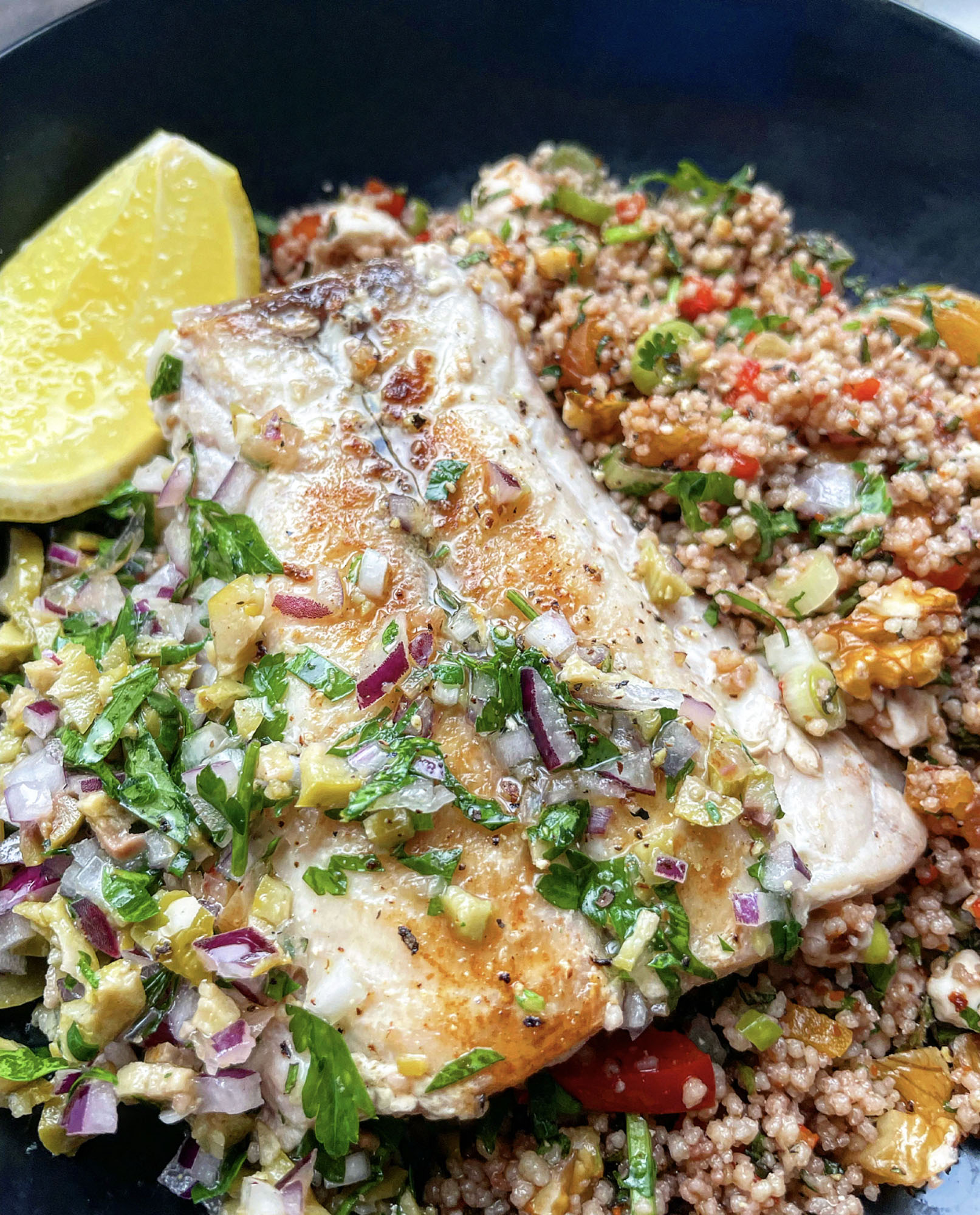 BBQ Red Snapper with Grilled Olive Salsa and Couscous Salad