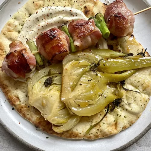 Bacon Wrapped Scallop Skewers with Honey Glazed Fennel