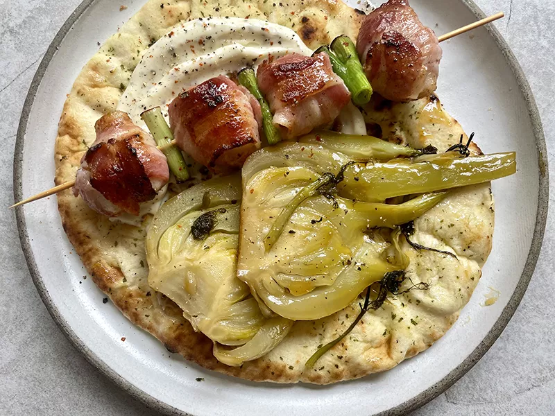 Bacon Wrapped Scallop Skewers with Honey Glazed Fennel