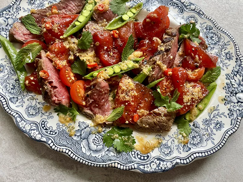 Grilled Watermelon and Steak Salad with Ginger and Sesame Dressing