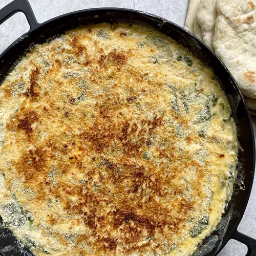 Skillet Spinach and Artichoke Dip with Grilled Flatbread