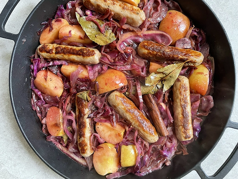 Pan-Seared Sausage With Lady Apples and Watercress Recipe