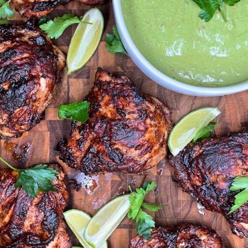 Peruvian roasted chicken thighs with green sauce