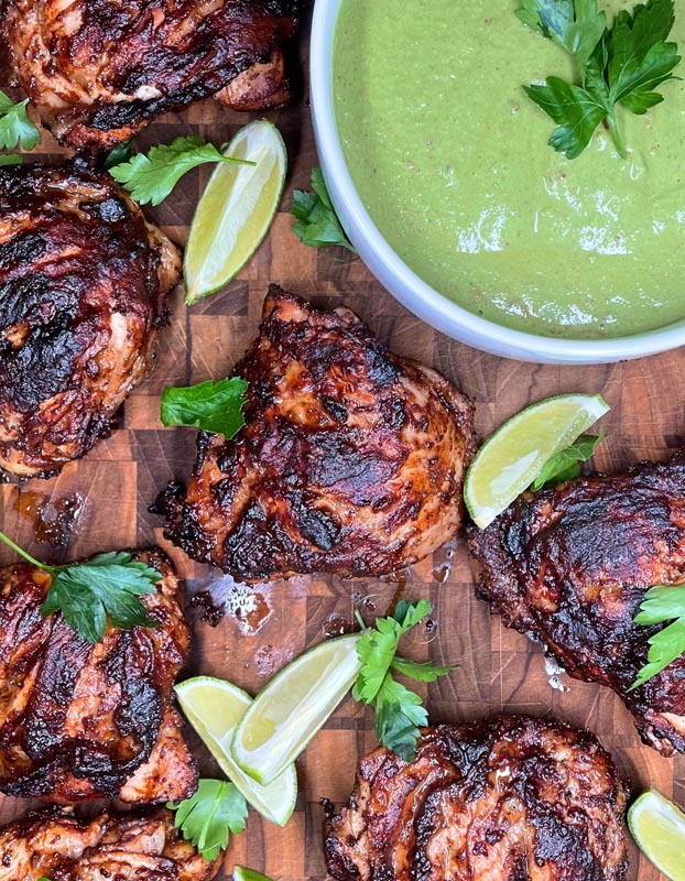 Peruvian roasted chicken thighs with green sauce